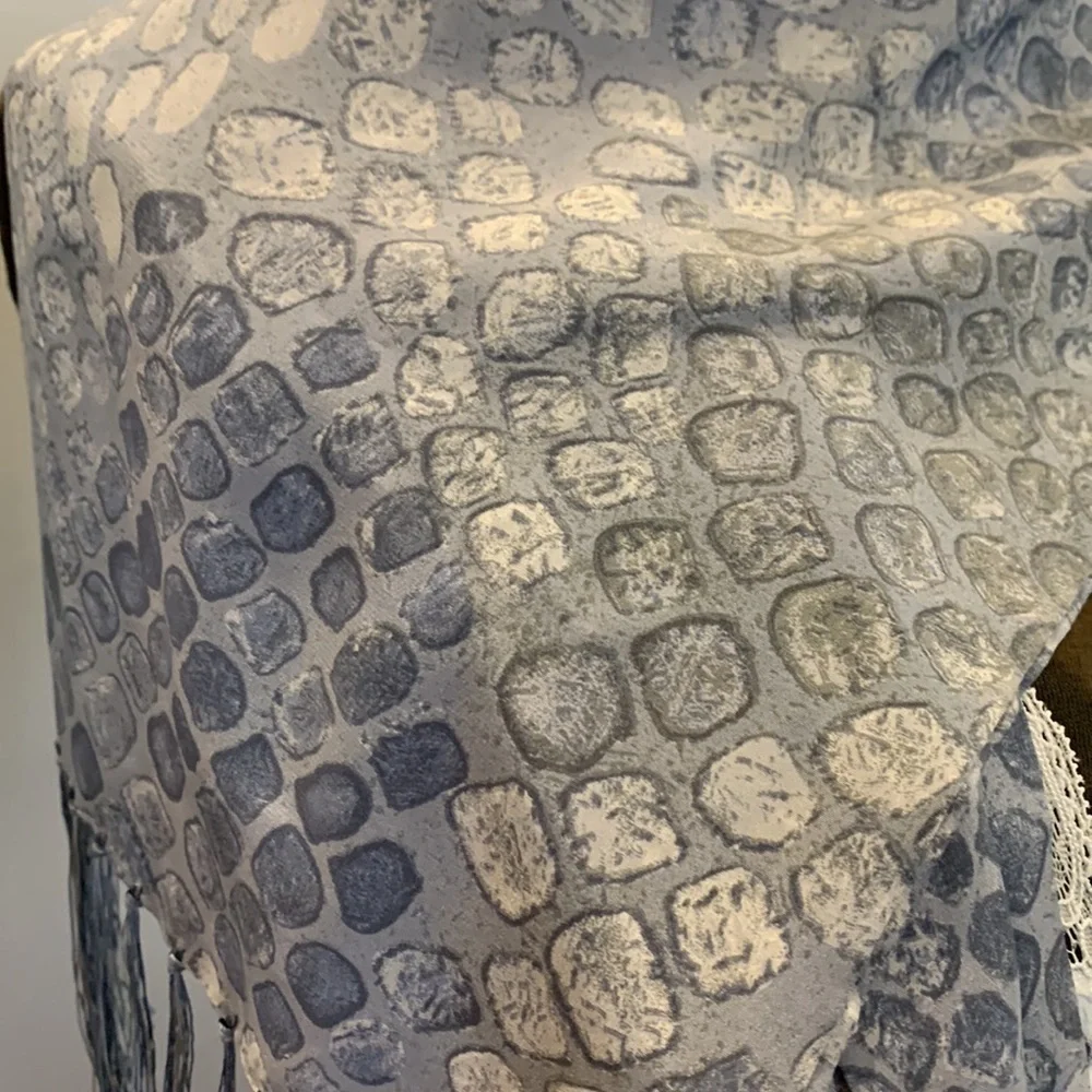 Francesca 💯 silk scarf in blueish grey hues in tiles with sexy fringe Italy made